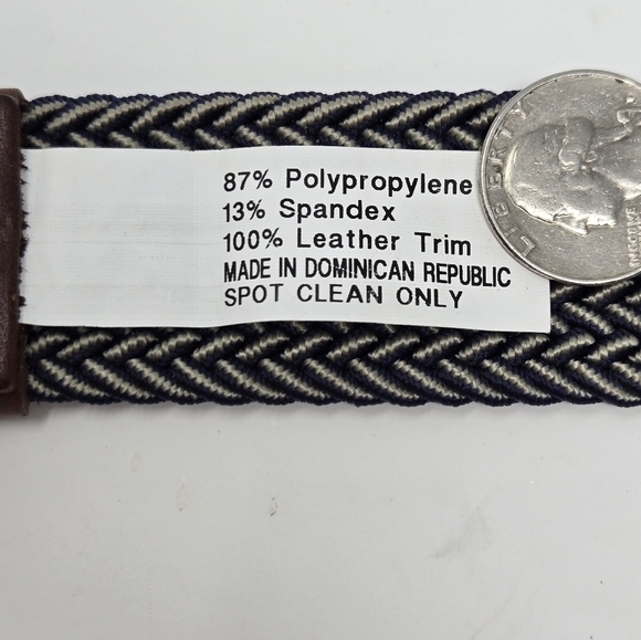 TOMMY BAHAMA BRAIDED WOVEN STRETCH BELT BLUE & KHAKI BROWN LEATHER END MEN L/XL - Picture 8 of 12
